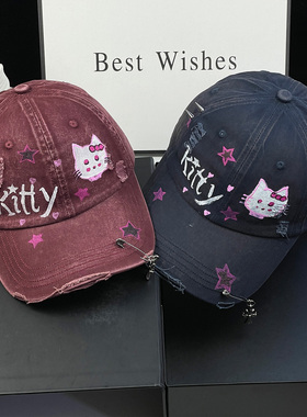 手绘涂鸦帽子街头破洞Kitty猫棒球帽女款高品质甜酷显脸小鸭舌帽
