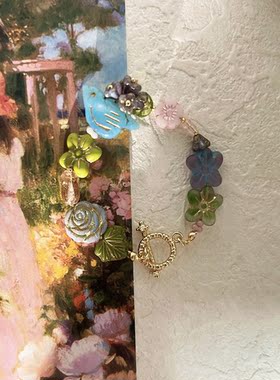 蓝鸟｜原创捷克珠撞色花鸟精致复古串珠手链