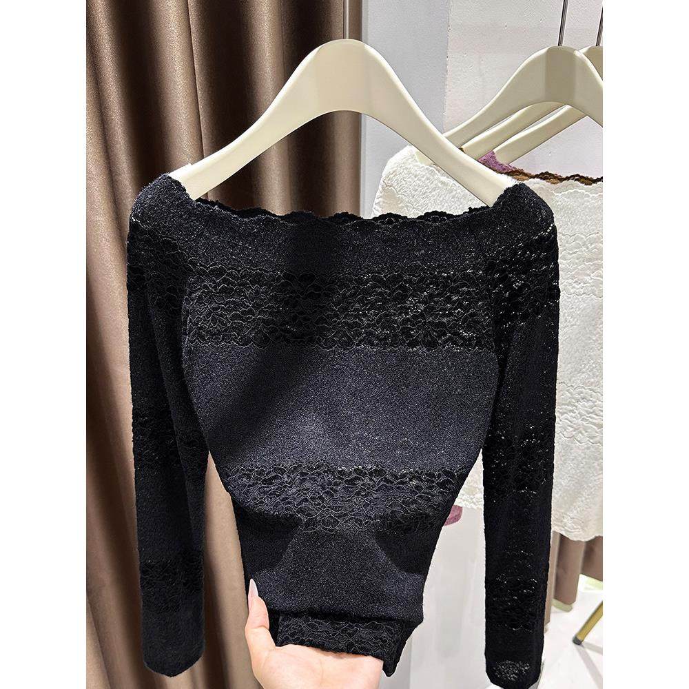美拉德优雅咖色蕾丝长袖上衣女秋冬季一字领露肩T恤波浪边打底衫,淘宝优惠券,粉丝福利购,淘宝优惠卷