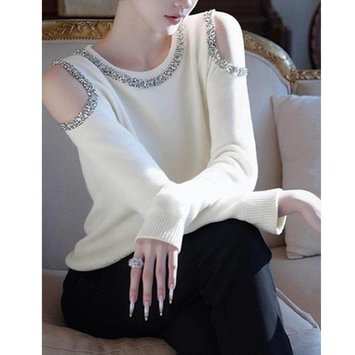小香风白色圆领露肩长袖毛衣针织衫女秋冬款简约洋气漂亮打底上衣,淘宝优惠券,粉丝福利购,淘宝优惠卷