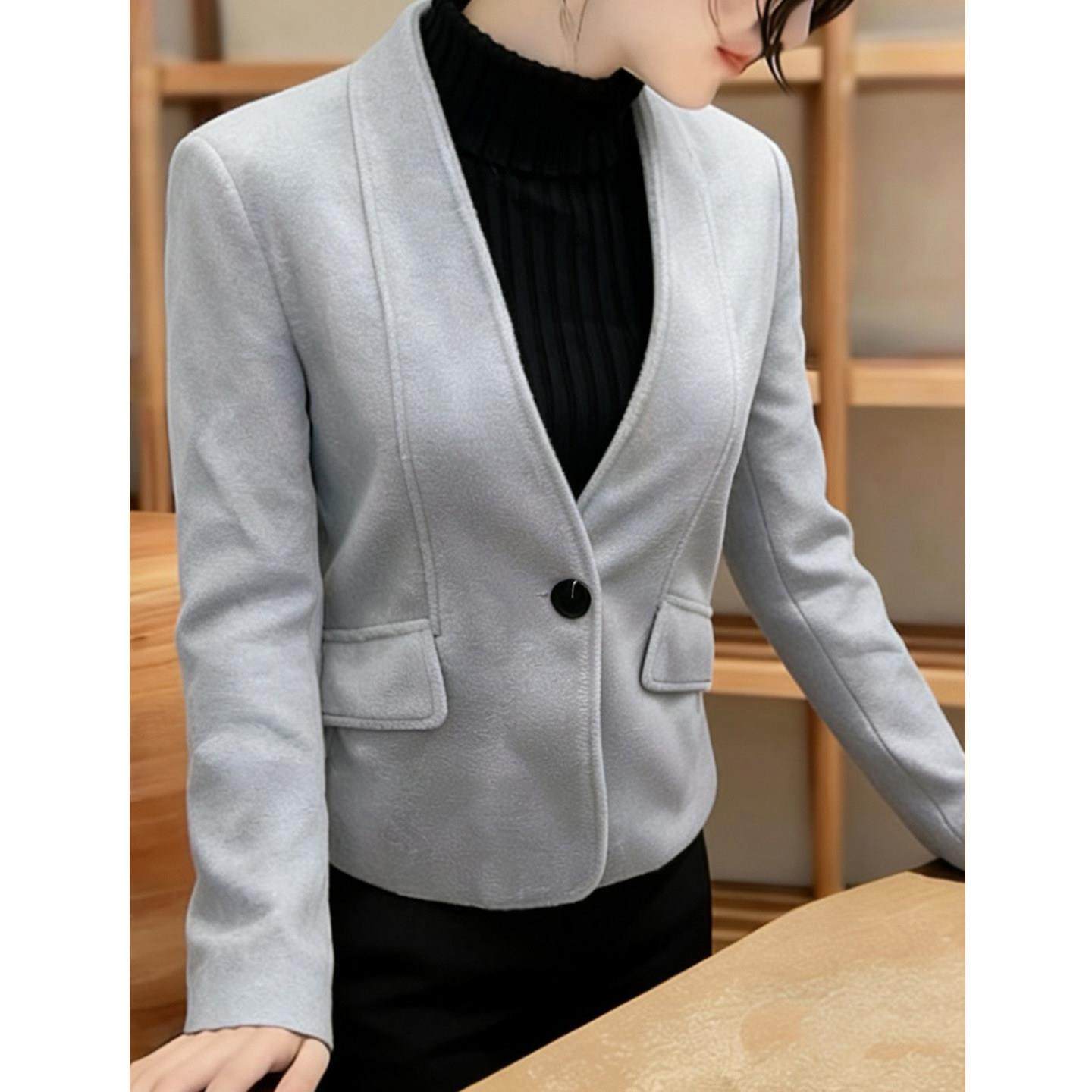 设计感洋气灰色长袖毛呢子外套女秋冬新款小个子减龄百搭短款上衣,淘宝优惠券,粉丝福利购,淘宝优惠卷
