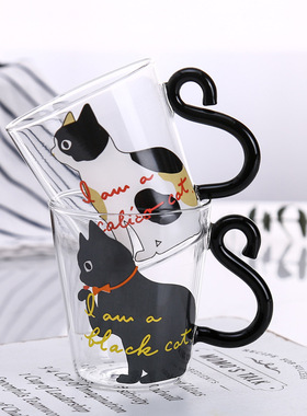空盒子日式玻璃猫咪杯耐热高硼硅牛奶杯带把造型果汁早餐玻璃杯印