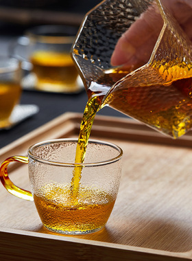 空盒子带把手锤纹玻璃小茶杯 高硼硅玻璃小把杯 家用待客品茗杯水