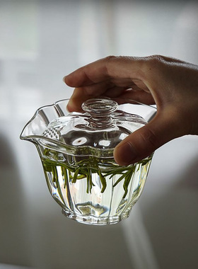 空盒子加厚透明玻璃百财盖碗 功夫茶具带过滤孔家用手抓泡茶碗