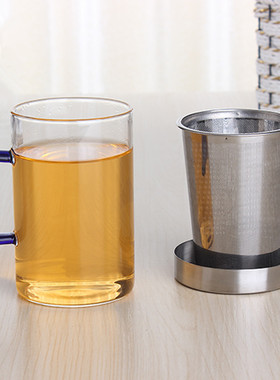 空盒子不锈钢内胆茶水分离玻璃杯带把手花茶杯办公室待客泡茶杯