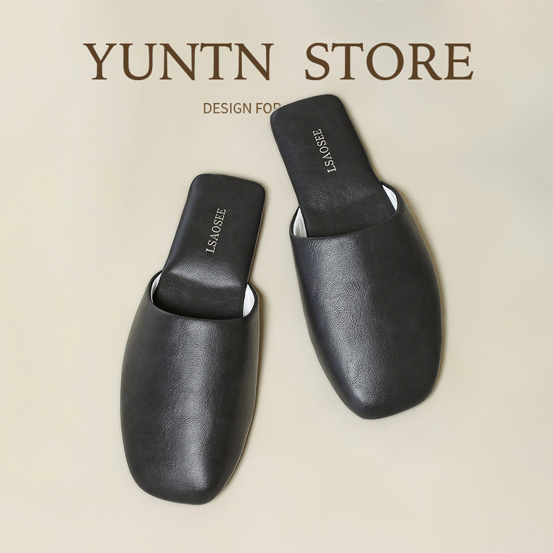 高级感情侣简约纯色PU皮拖鞋女牛筋底静音时尚居家客厅样板房四季 - 图0