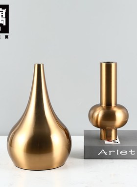 黄铜花瓶摆件轻奢客厅插花简约三件套花器金属禅意家居软装饰品