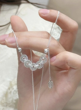 新款银色碎冰冰铜钱项链轻奢高级