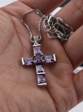 新款项链十字架吊坠紫水晶项链微镶锆石十字架饰品时尚简约