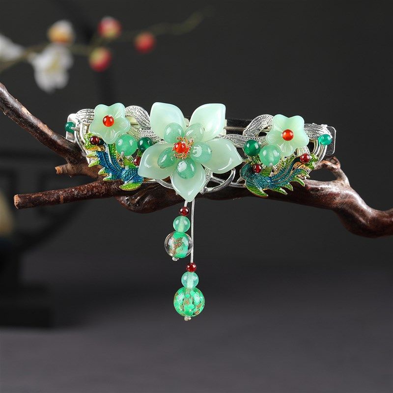 古风超大号发夹民族风发饰东陵玉头花弹簧夹国潮国风吊坠夹发卡女,淘宝优惠券,粉丝福利购,淘宝优惠卷