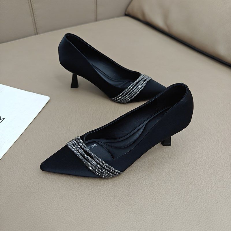 法式尖头仙女浅口百搭单鞋女2024新款时尚细跟中跟气质水钻高跟鞋,淘宝优惠券,粉丝福利购,淘宝优惠卷