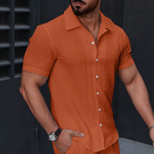 纯色翻领宽松短袖衬衫Solid color lael loose short sleed shirt - 图0