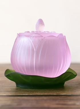 如意莲花佛前供水杯、古玻璃莲花圣水杯、粉色贡品杯、纯手工家居