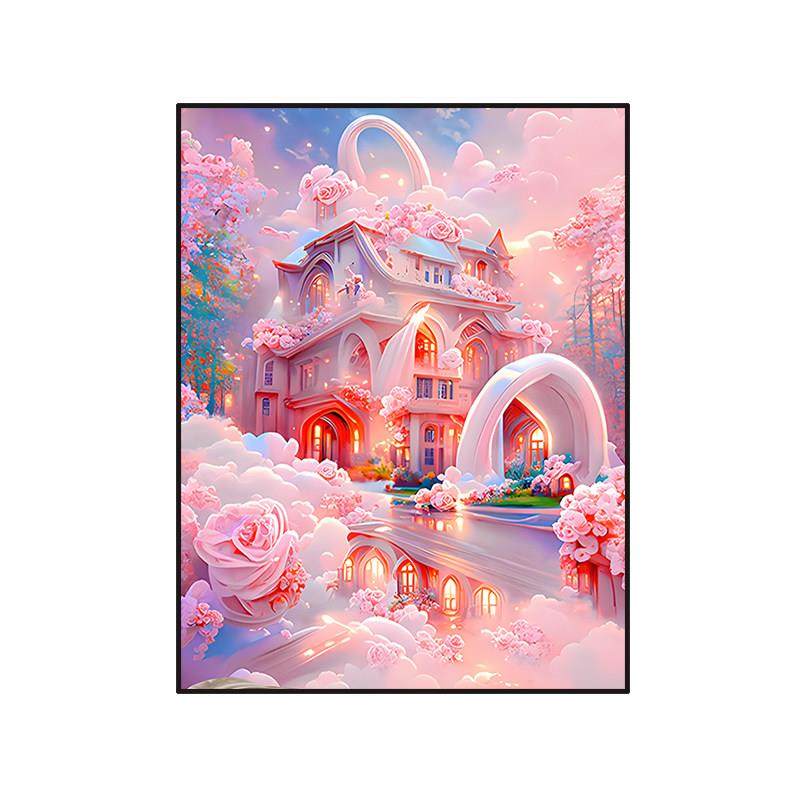 唯美粉色玫瑰城堡风景钻石画2025新款小幅贴钻十字绣客厅卧室满钻,淘宝优惠券,粉丝福利购,淘宝优惠卷