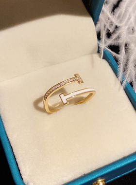 字母T滴油开口戒指女镶钻轻奢冷淡风小众设计感时尚百搭配饰批发