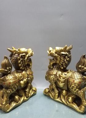 纯铜财富元宝如意麒麟一对铜器工艺品招财动物桌面摆件家居装饰品