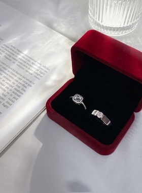 爆款小红书同款礼盒装结婚婚礼假对戒真方形钻戒活口可调节婚戒