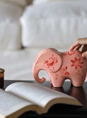 新中式粉色大象陶瓷摆件高级感客厅玄关桌面装饰复古民宿酒店摆设