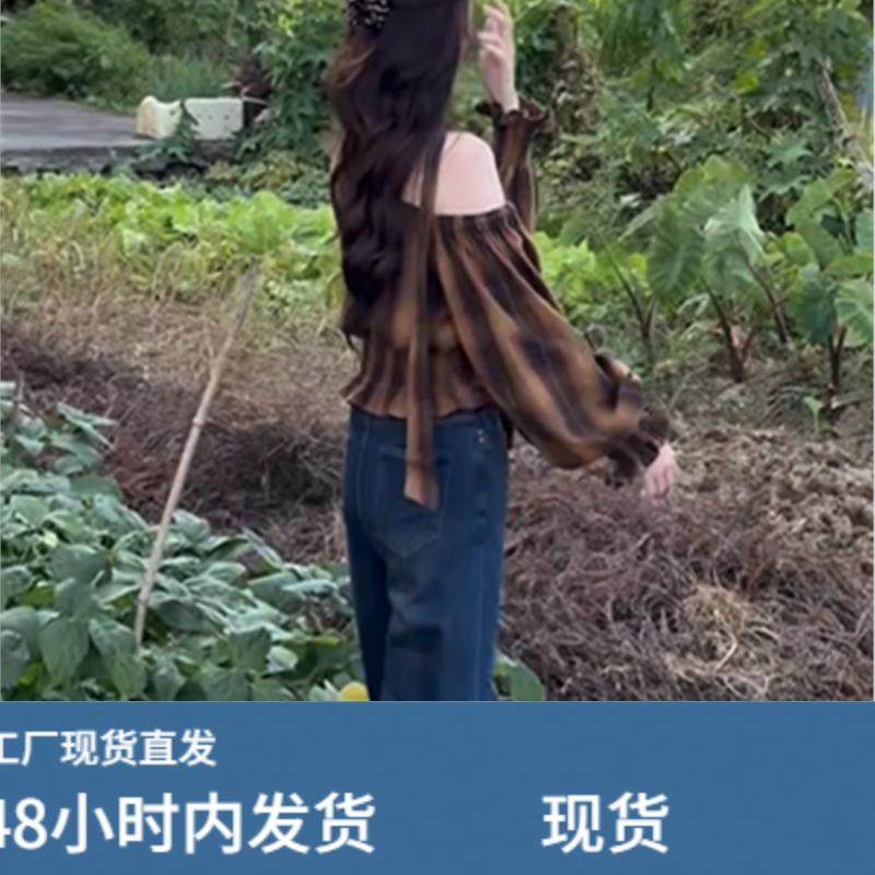 法式复古设计感斜肩格纹挂脖衬衫女秋季独特别致露肩显瘦短款上衣,淘宝优惠券,粉丝福利购,淘宝优惠卷