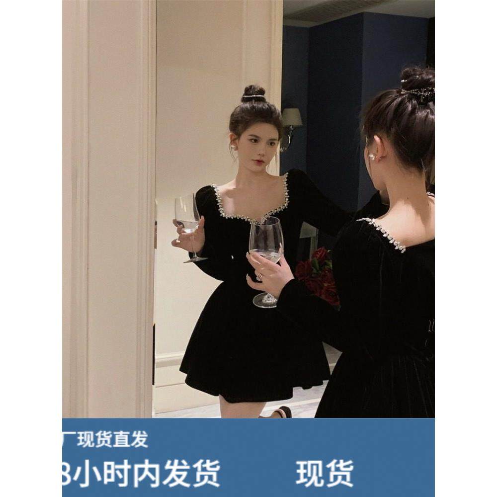 法式高级感黑色丝绒抹胸连衣裙女秋季性感生日礼服公主蓬蓬短裙子,淘宝优惠券,粉丝福利购,淘宝优惠卷