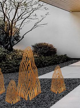 中式室内庭院楼梯景观造景装饰铁艺假山鱼池大型金属山影落地摆件