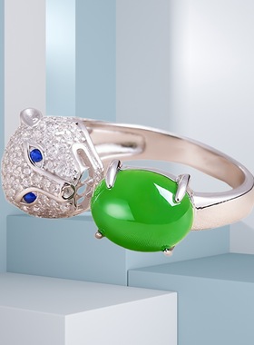 钻石之乡河南商丘满钻气质温润柔和绿玉豹子头戒指 开口镶玉a0194