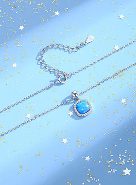 钻石之乡河南钻石镶钻圆角方欧泊吊坠项链女士S925纯银锆石a2608