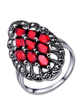 钻石之乡河南商丘复古彰显典雅泰银黑石榴石锆石戒指银泰银a2460