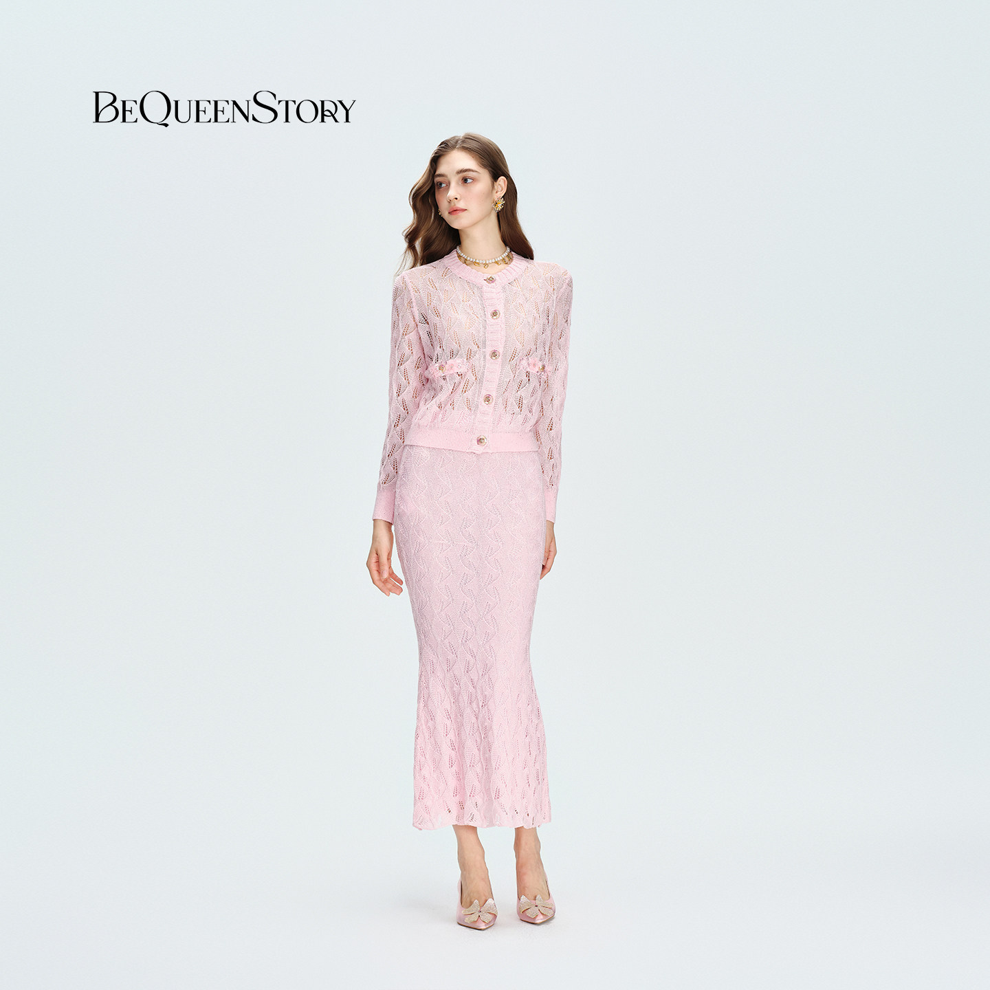 BeQueenStory2025春夏新款柔雾粉镂空亮片针织鱼尾半身裙长裙,淘宝优惠券,粉丝福利购,淘宝优惠卷
