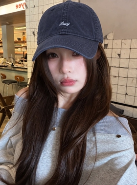 韩版藏青色字母棒球帽做旧刺绣软顶显脸小女加深大头围鸭舌帽帽子