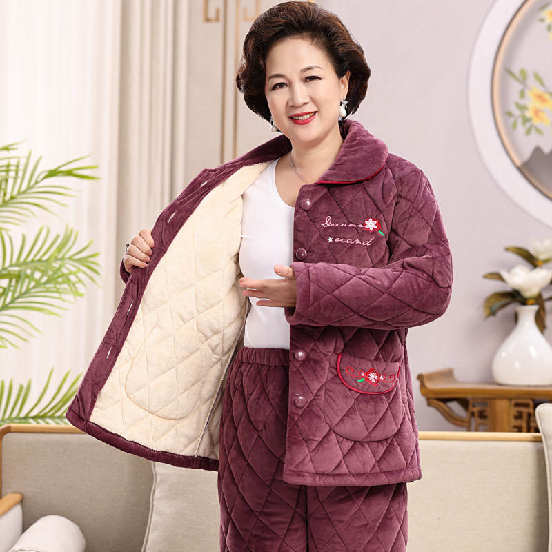 冬季睡衣女三层加厚加绒珊瑚绒夹棉袄妈妈中老年人保暖家居服套装,淘宝优惠券,粉丝福利购,淘宝优惠卷