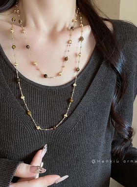 项链虎眼石串珠复古真金美拉德饰品电镀项饰毛衣链高级感轻奢叠带