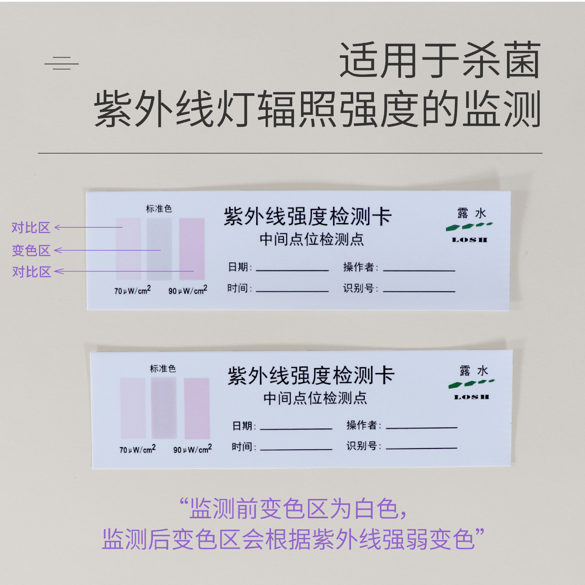 露水紫外线检测卡消毒检测试纸卡消毒灯强度检测指示卡条100片/盒-图0