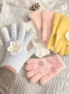 可爱雪花毛绒手套冬季2026新款甜美保暖加厚分指手套学生针织手套