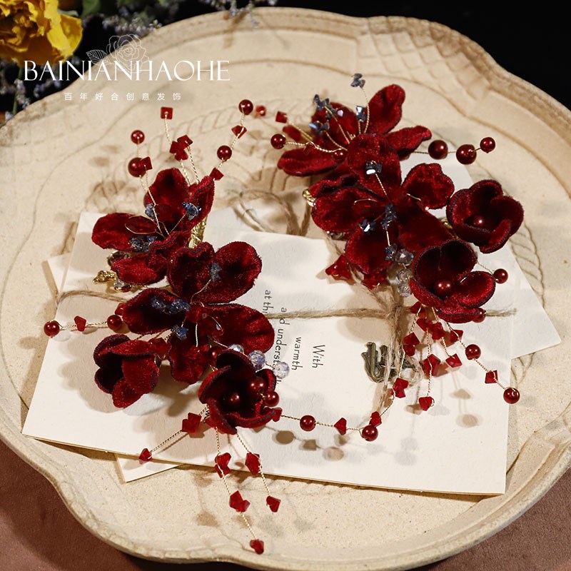 新款酒红色丝绒花朵水晶边夹新娘结婚头饰百搭礼服敬酒服旗袍发夹 - 图2