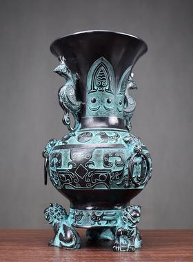 狮子花瓶青铜器仿古摆件工艺礼品收藏古董办公室书柜复古装饰品