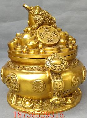 风水铜器纯铜聚宝盆大号如意金蝉白菜带盖招财家居铜器工艺摆件