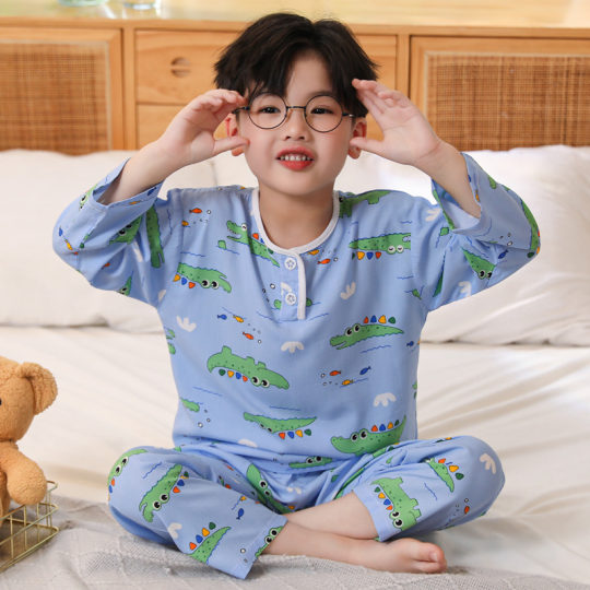 Children's cotton silk pajamas boys summer thin long-sleeved silk cartoon children and girls home clothes baby air conditioning clothes