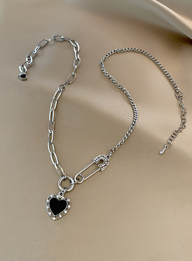 极速锆石别针黑色爱心项链气质ins嘻哈风百搭N锁骨链2022年新款潮