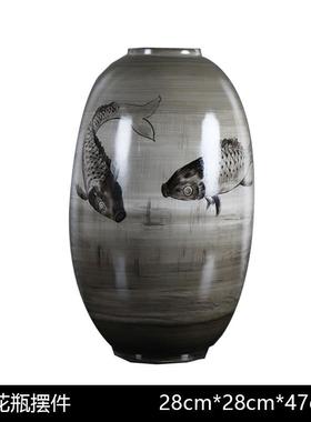 新中式复古手绘鲤鱼陶瓷花瓶样板房书房售楼处干花花器艺术品摆件