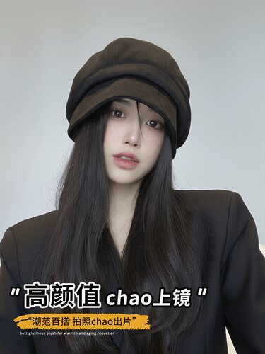 韩系大版堆堆渔夫帽秋冬鹿皮绒大头围宽松保暖贝雷帽素颜显脸小 - 图0