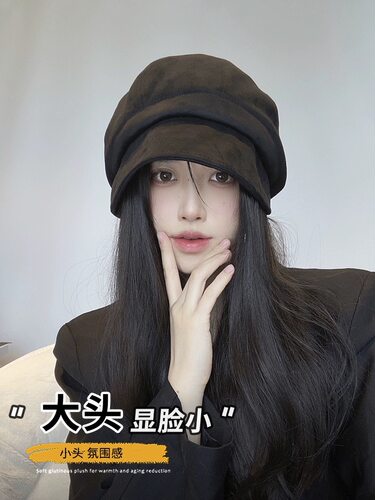 韩系大版堆堆渔夫帽秋冬鹿皮绒大头围宽松保暖贝雷帽素颜显脸小 - 图1