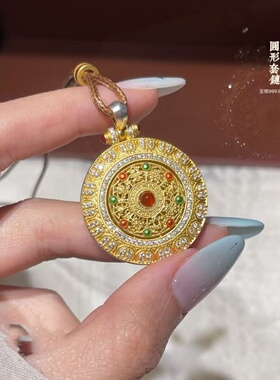 足银999.9鎏彩八宝空心圆牌套链复古藏式可转动银吊坠新中式项链
