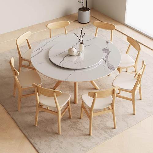 北欧简约实木岩板圆形餐桌椅组合家用带转盘网红餐厅酒店吃饭桌子 - 图2