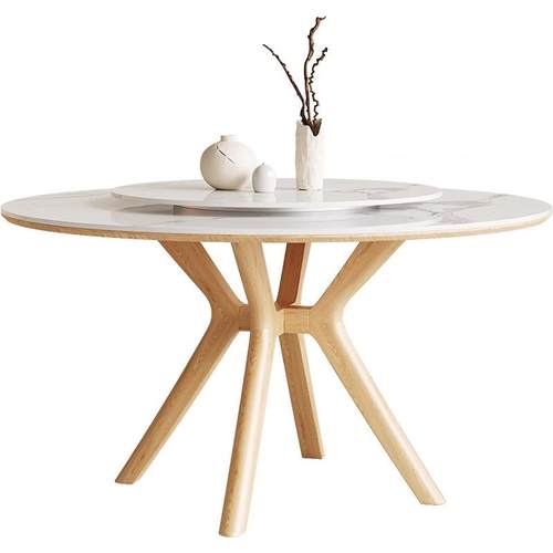 北欧简约实木岩板圆形餐桌椅组合家用带转盘网红餐厅酒店吃饭桌子 - 图3