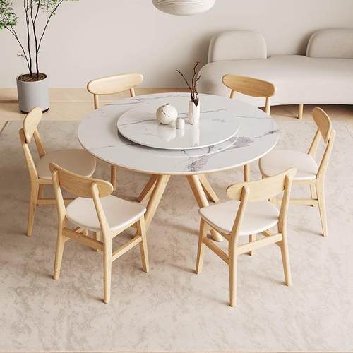 北欧简约实木岩板圆形餐桌椅组合家用带转盘网红餐厅酒店吃饭桌子 - 图1