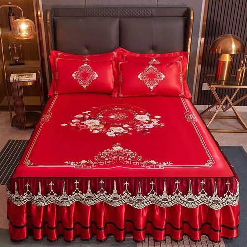 婚庆大红色冰丝席床裙式三件套可机洗可折叠夏季空调1.8M软席子 - 图2