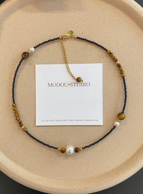 墨豆家新中式天然黑色玛瑙虎眼石串珠项链女轻奢小众高级叠戴颈链
