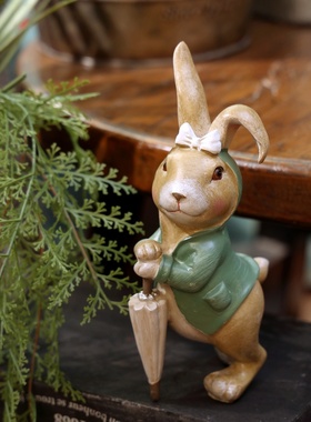 可爱撑伞兔子摆件美式复古乡村创意家居装饰客厅电视柜玄关摆设