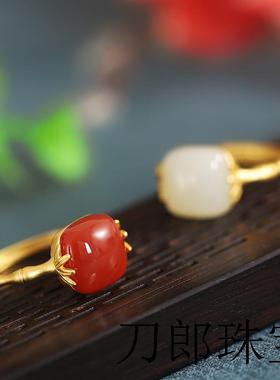 新疆和田玉南红玛瑙纯银镀金戒指女复古国风个性简约竹节开口指环